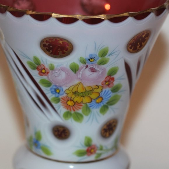 BOHEMIAN CZECH Cased Glass White Overlay Cut to Red Cranberry VASE Vintage - Picture 2 of 6